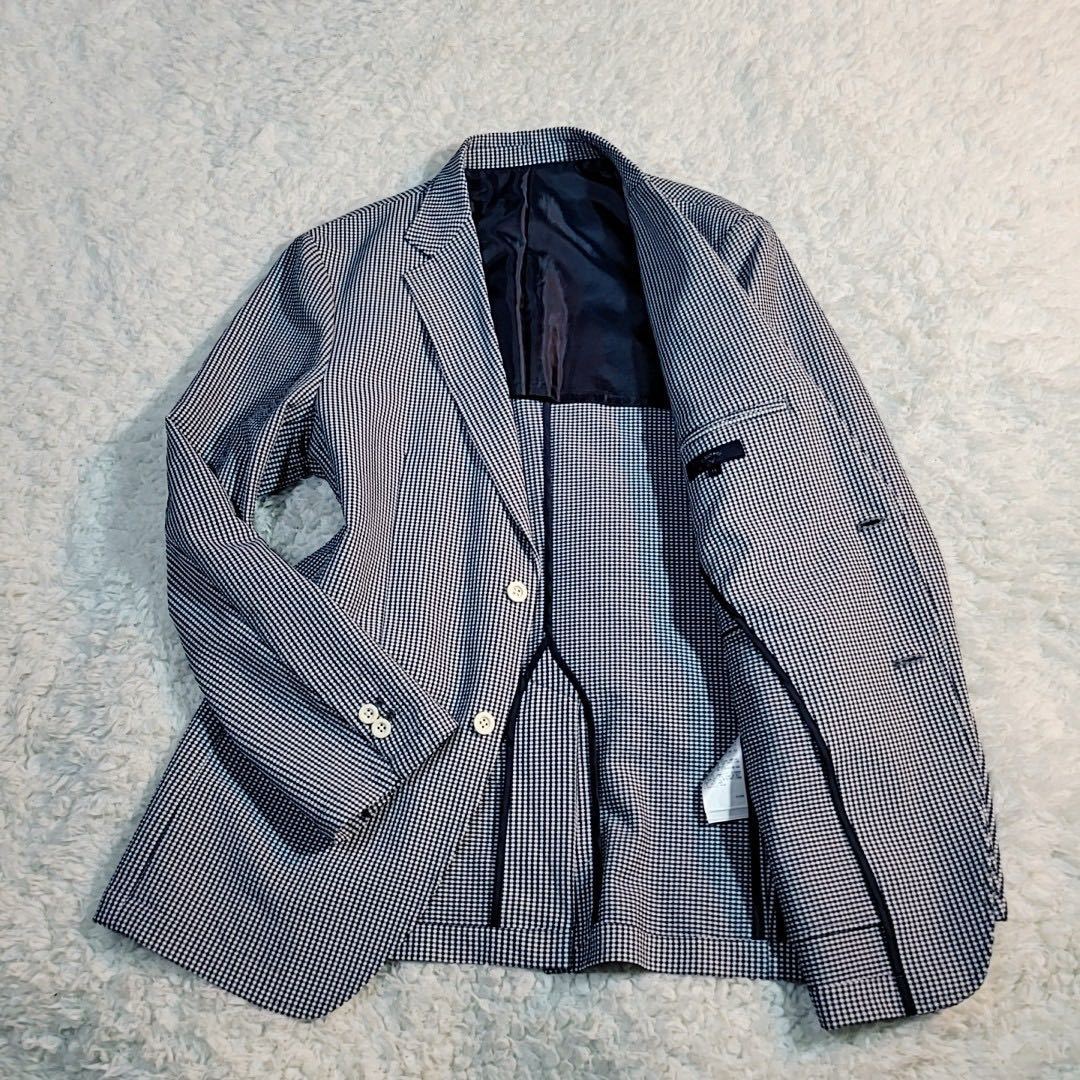 【美品】CALLAWAY キャロウェイ シアサッカー テーラードジャケット ギンガムチェック ストレッチ ネイビー系 LL XL ゴルフウェア メンズ