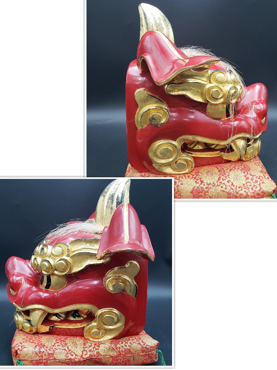 獅子頭 幅21cm 奥行26cm 高さ28cm 重さ1.3kg 木製 ※毛薄いです 朱色