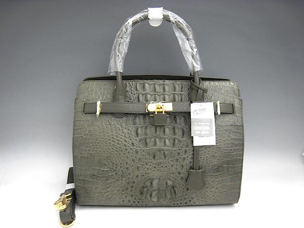 ★展示未使用★クロコダイル×本革 ハンドバッグ グレー系　ストラップ付★
