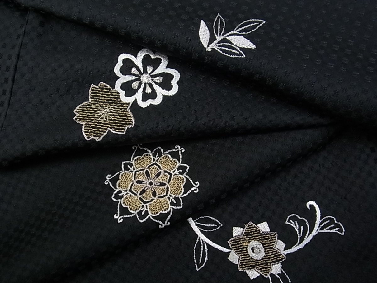 平和屋着物□極上 小紋 総刺繍 宝相華 市松地紋 黒地 金銀糸 逸品 