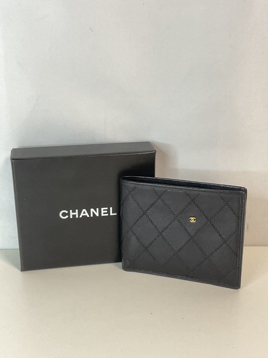KW026-60◆ CHANEL シャネル ヴィンテージ ミニココマーク ブラック 黒 レザー ２つ折り財布 カード・札入れ 箱あり