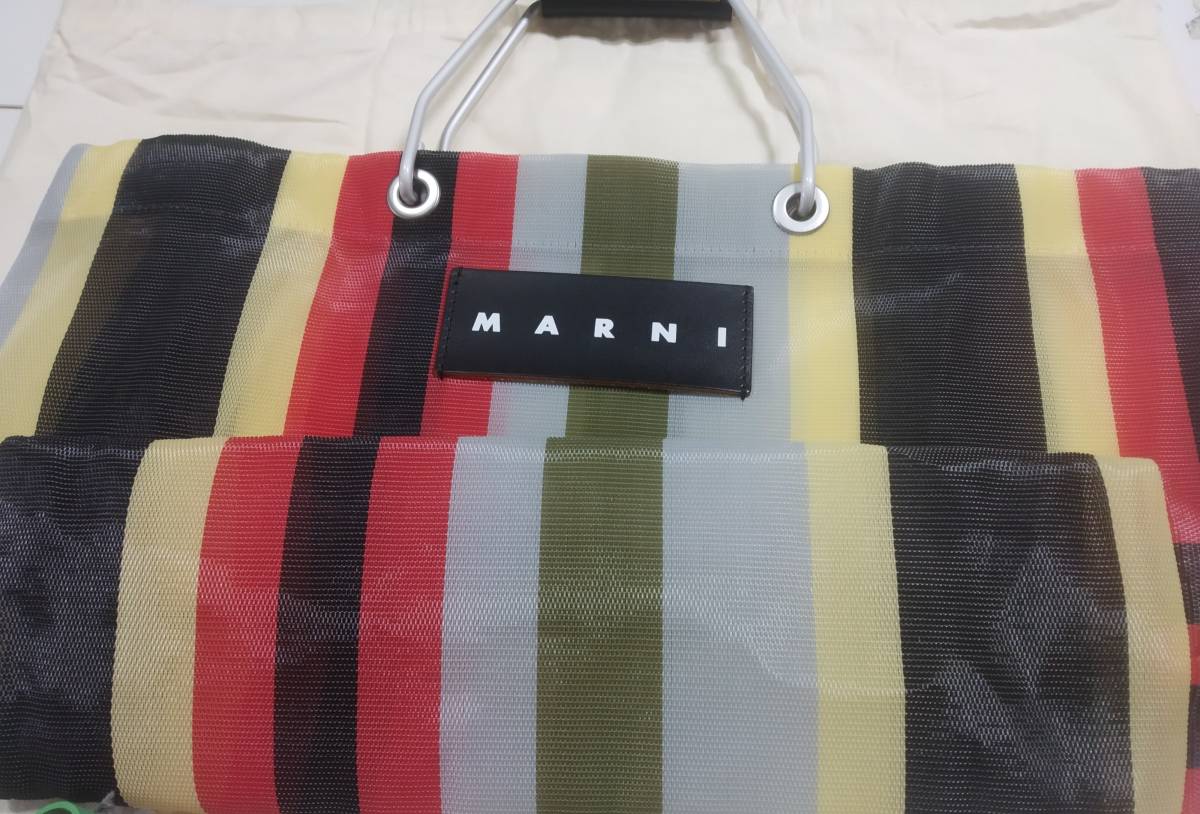 ♪MARNI マルニ♪ナイロン×レザー フラワーカフェ ストライプ トート 