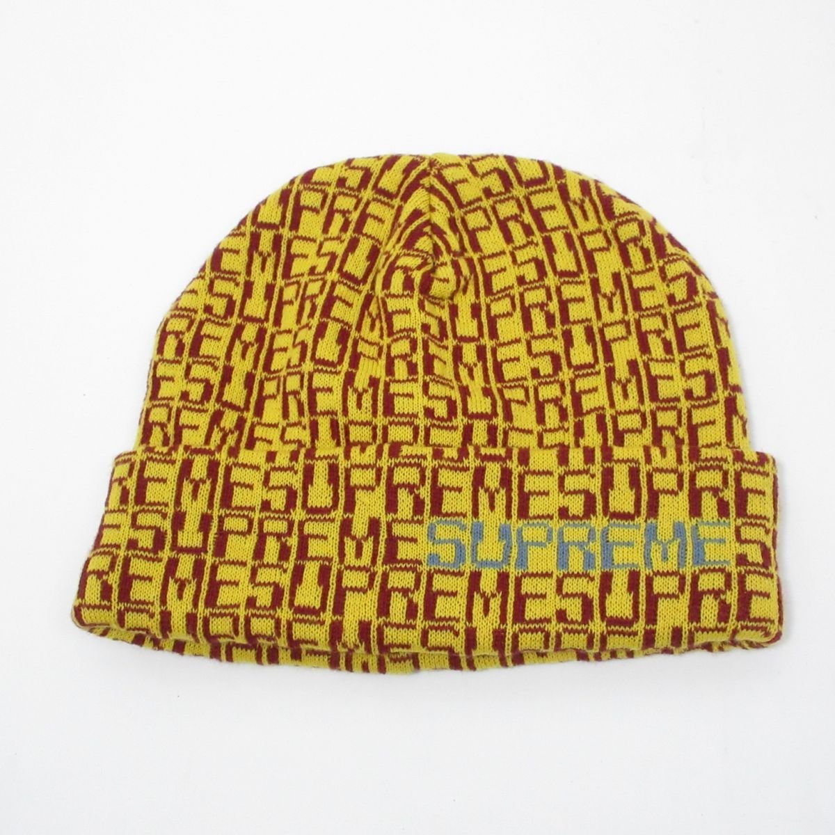 美品 19AW Supreme シュプリーム Digital Beanie ロゴ総柄 ニット キャップ 帽子 イエロー×ダークレッド 1204