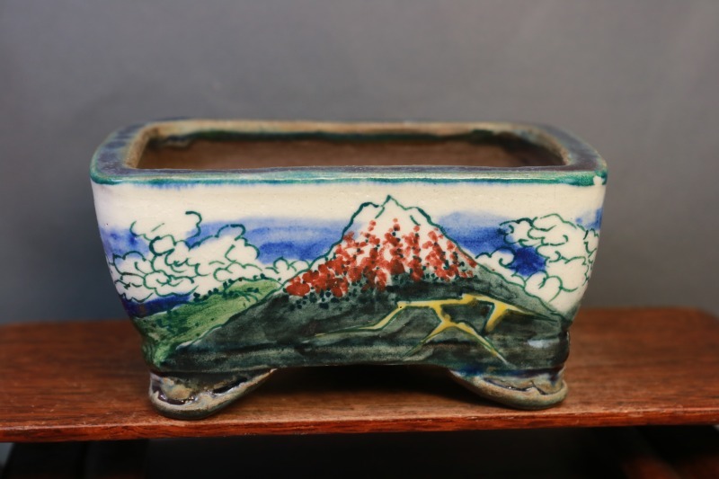 陶翠作　東海道五拾三次画　盆栽鉢 翠 盆栽鉢 陶翠庵 陶 「富嶽三十六景 山下白雨」「内縁縁付雲