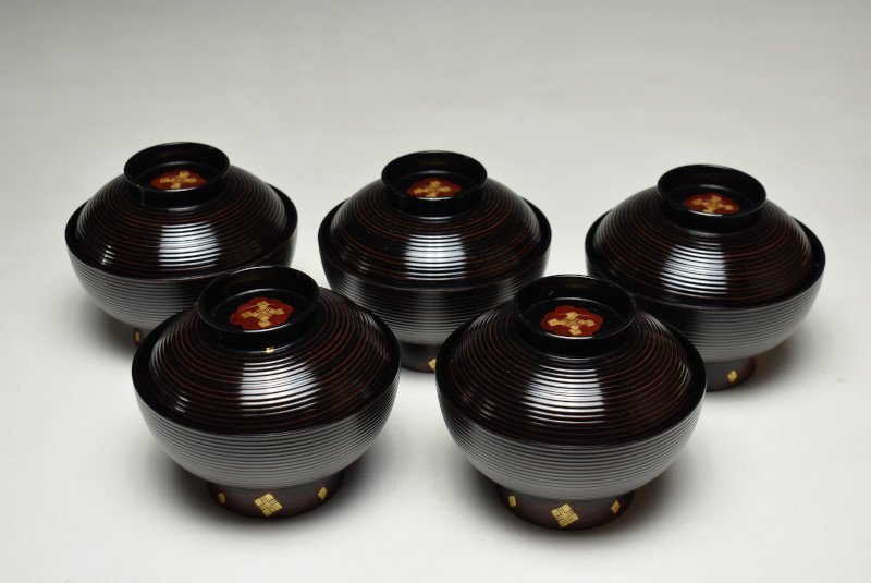 蒔絵煮物椀 5客 共箱 北村葵春 平椀 朱 網目汁椀 蓋付 和食器 懐石道具