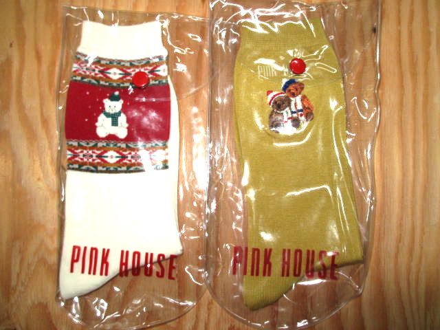 ピンクハウス　稀少品　雪だるまくま＆マフラーペアくまソックス　キナリ＆カラシ　経年未使用品