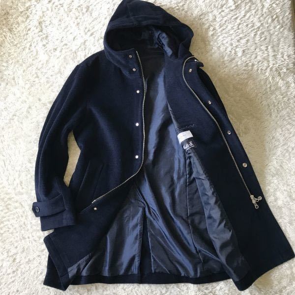 483★貴重Mサイズ★裏地ブルーがおしゃれ　　エディフィス最上級モデル　★カシミヤタッチ紡素材の高級感フードチェスターコート