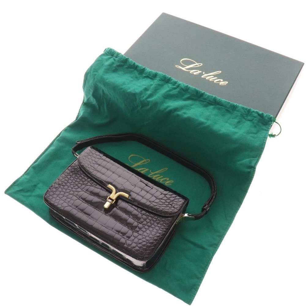 ★1円★未使用品 美品 La Luce ラルーチェ クロコ ハンドバッグ JRA ワニ革 クロコダイル ゴールド金具 ブラック レディース 保存袋・箱付