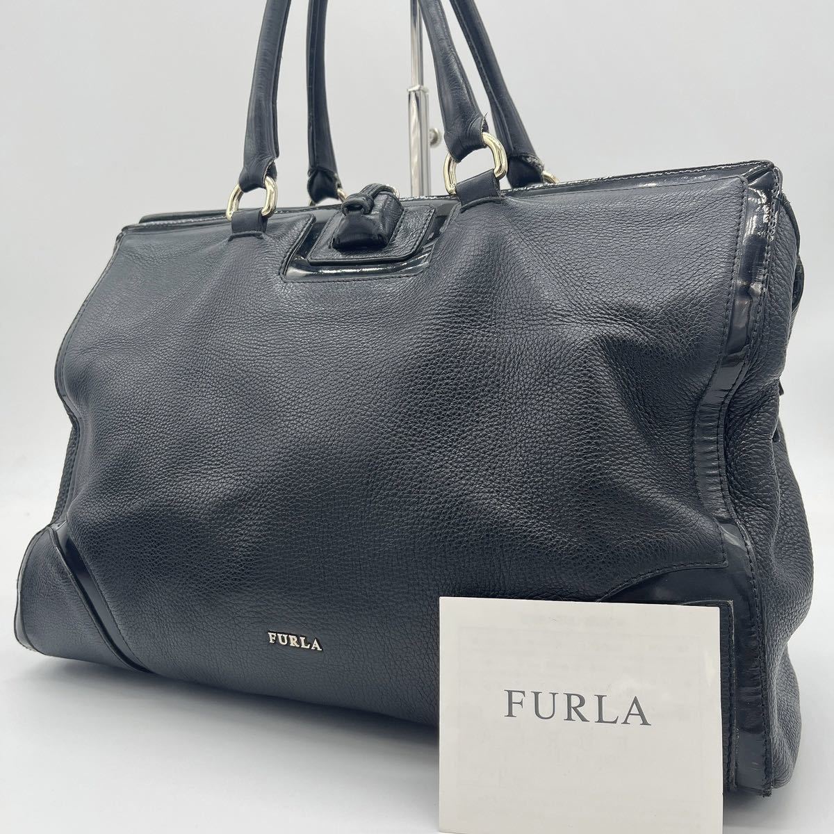 1円【美品・超稀少】FURLA フルラ メンズ トートバッグ ビジネスバッグ レザー ハンドバッグ ブラック 黒 プレート ロゴ型押し