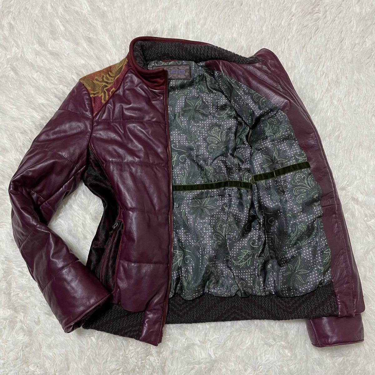 極美品!!エトロ『溢れ出る高級感』ETRO ダウンジャケット ラムレザー 羊革×山羊革 切替 裏地幾何学柄 ワインレッド