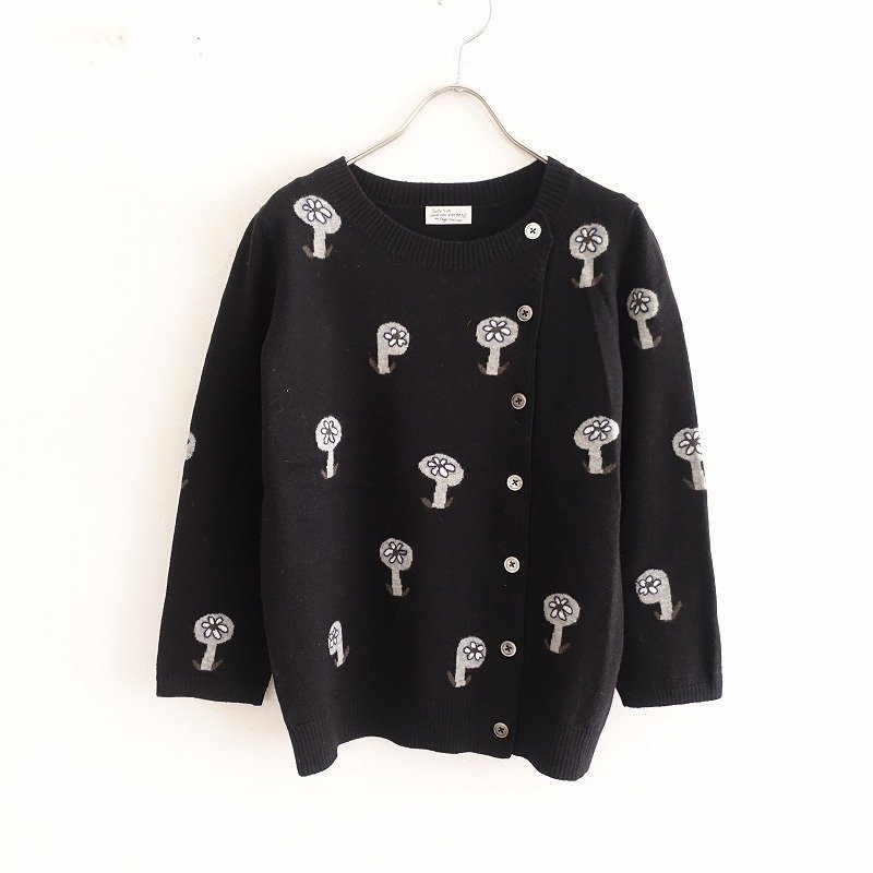 サリースコット Sally Scott *ウールニット八分袖花柄カーディガン*M黒ブラックフラワー(33-2301-383)【92A32】