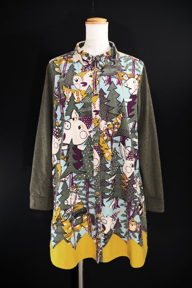 ☆美品☆アルベロベロ/異素材切替ブタさん柄プリントシャツチュニック：カーキ系xu086