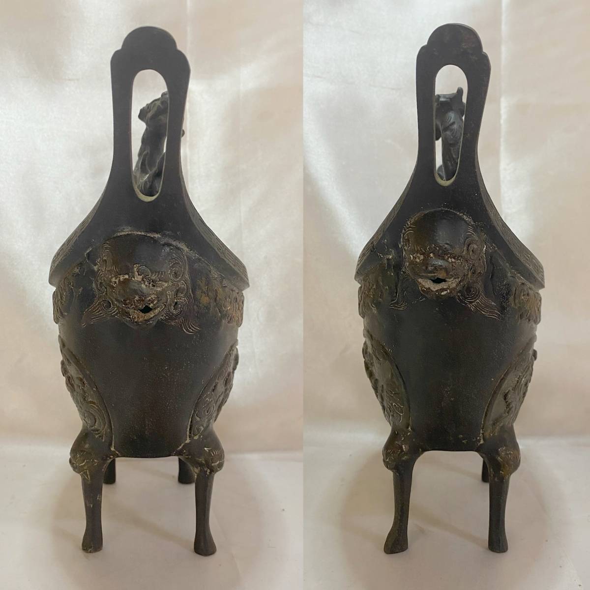香炉 骨董 獅子 古銅 唐銅 アンティーク 古道具 2.6kg 古玩 趣味 遊環 
