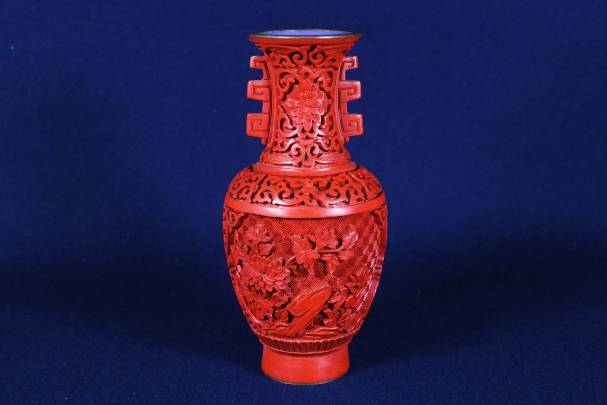 唐物　中国美術◆双耳堆朱花瓶◆極上剔紅彫花草紋 漆彫◆内七宝焼◆細密彫刻◆唐物　花生 花入