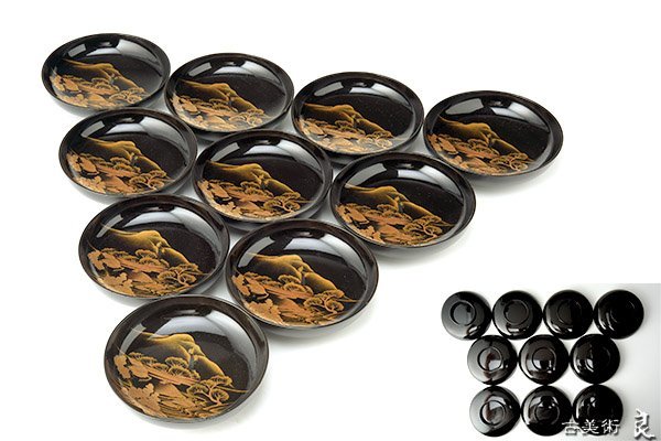 y2594▽良▽江戸時代山水金蒔絵小皿十客　検　漆器蒔絵大名道具江戸時代明治時代金工美術鋳造作家貿易明治金工超絶技