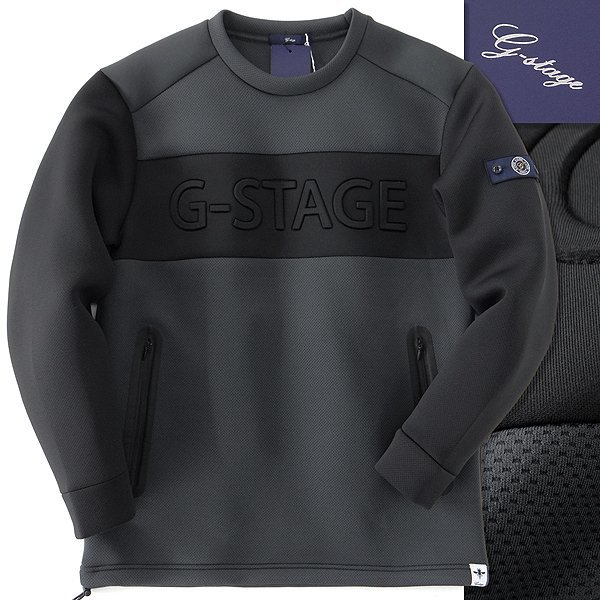 新品 ジーステージ ダンボール ニット クルーネック プルオーバー 46(M) 灰 黒 【I45004】 ポケット付 メンズ G-stage ゴルフ ジャージー