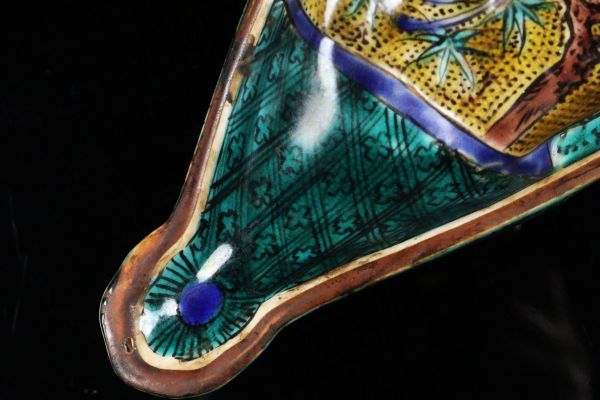 時代 古九谷 青手扇面形花鳥図 向付 扇形皿 五客揃 箱付 角福 吉田屋