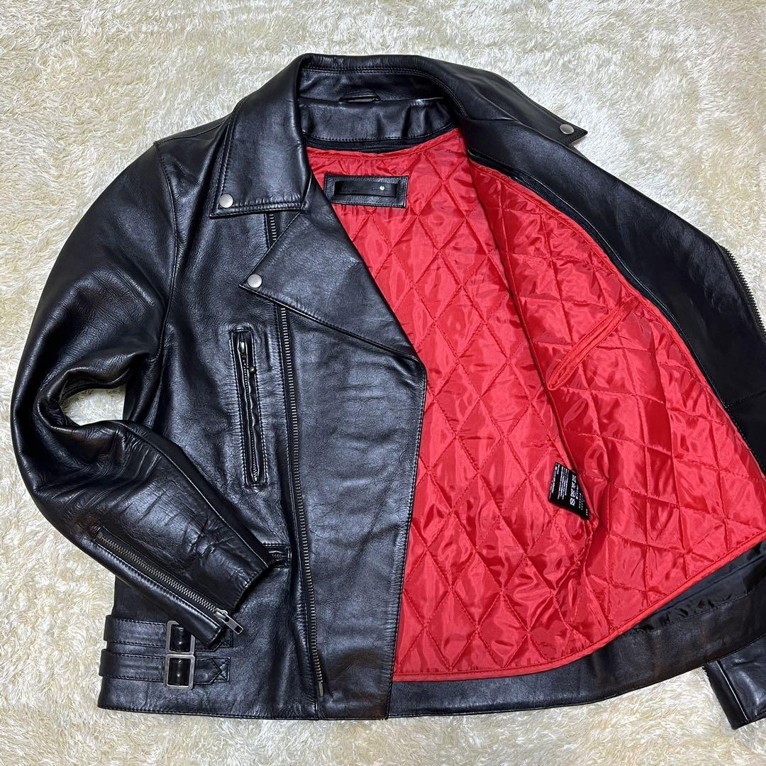 リューグーレザーズ【超絶裏地レッド】Liugoo Leathers ダブルライダースジャケット L キルティング 牛革 カウレザー 本革 ブラック 黒 赤