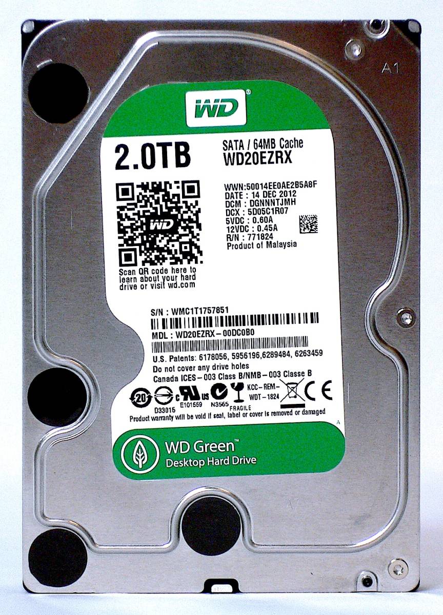 Western Digital ウエスタンデジタル SATA/64MB Cashe 2TB 3.5インチ内臓ハードディスク WD20EZRX 中古品 送料無料