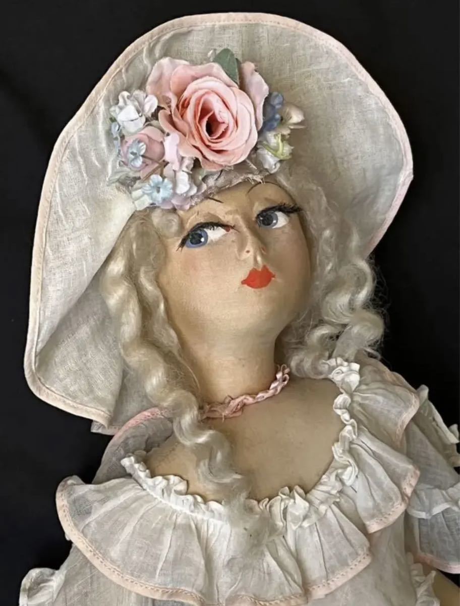 ブドワール人形ヘッド アンティーク フランス ビンテージ布製金髪 赤