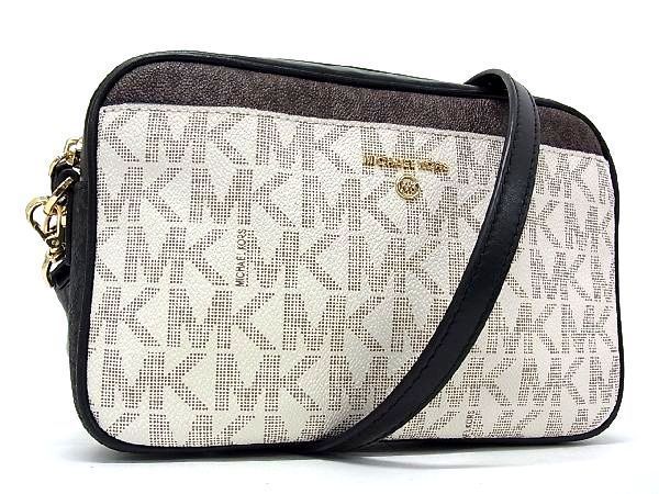 1円 ■美品■ MICHAEL KORS マイケルコース MK柄 PVC クロスボディ ショルダーバッグ ポシェット アイボリー系×ブラック系 AH9194ヌs