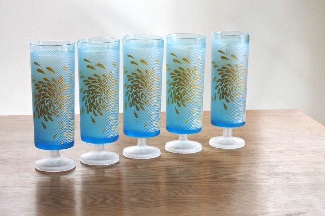 新作,低価 送料無料 昭和レトロ ADERIA GLASS アデリア タヒチ ゾンビー8 脚付きグラス 5個 ブルー 未使用品 箱に汚れいたみあり