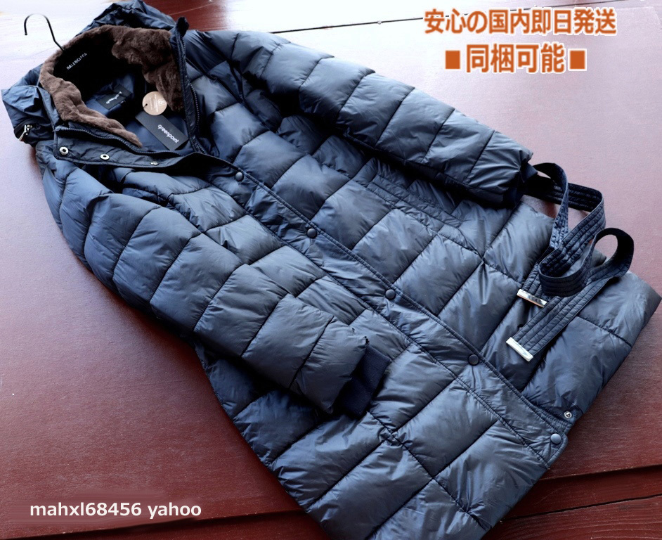 新品■greenpoint44 大襟ボア ロング 中綿 コートXL~大きいサイズ 艶紺◆レディース ベルト付 フェイク-ダウン マキシ アウター ネイビー