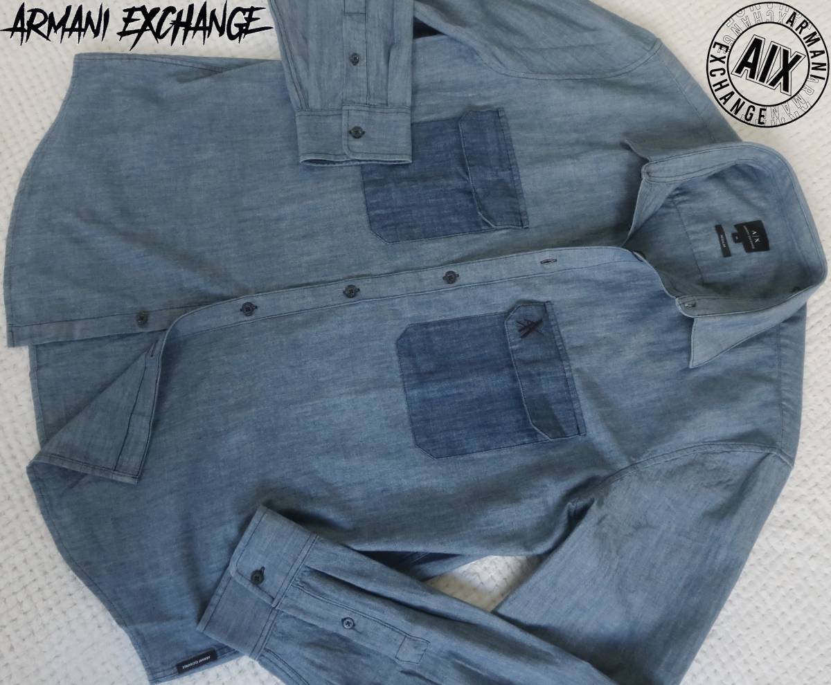 新品★アルマーニ★2トーン シャンブレー シャツ★ダンガリー 長袖シャツ★ロゴ刺繍★コットン デニム L★A/X ARMANI★961