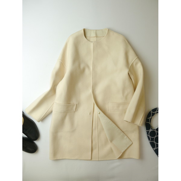 ドゥロワー Drawer ウール ノーカラー コート アイボリー 36