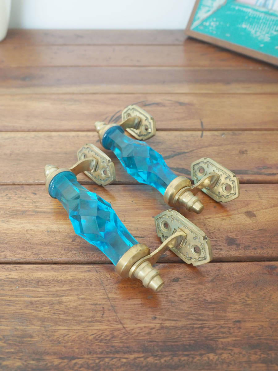 アンティーク蚤の市★ガラス製ドアノブ 取っ手 ブルー ２本セット（S）★レトロ