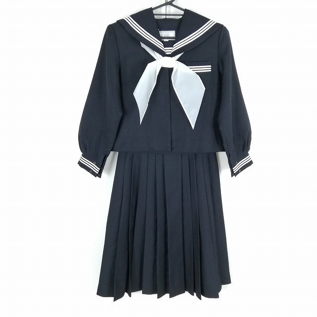 1円 セーラー服 スカート スカーフ 上下3点セット カンコー 冬物 白3本線 女子 学生服 中学 高校 紺 制服 中古 ランクC EY3647