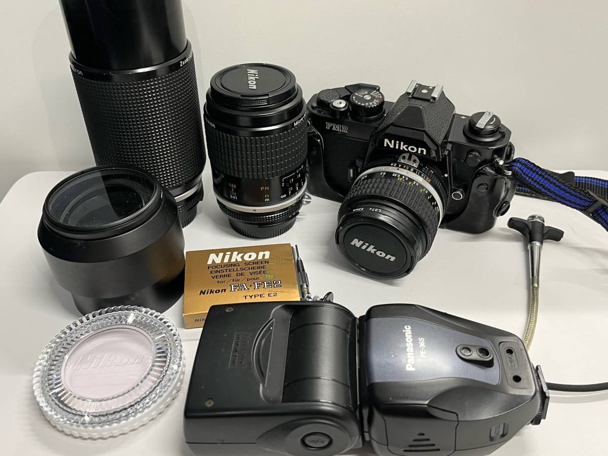 □ Nikon ニコン カメラ ブラックボディ FM2 レンズ 28mm 1:2.8 105mm 1:2.8 80-200mm 1:4 3個 セット 爆安 99円スタート