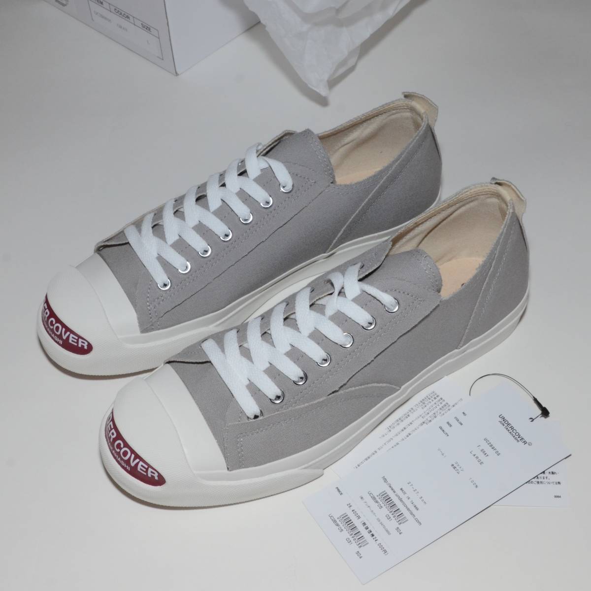 【アンダーカバー】 未使用 スニーカー サイズL 27cm～27.5cm コンバース ジャックパーセル型 グレー灰 つま先赤ロゴ 2022AW UNDER COVER