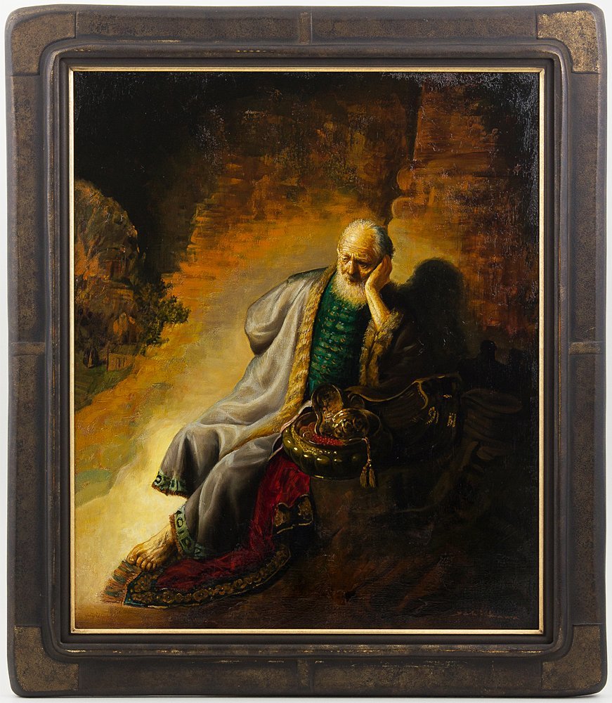 【五】市川元晴 『エルサレムの破壊を悼むエレミヤ レンブラント 模写』 真作 油彩 キャンバス 20号 1996年 額装 ／ 八代亜紀の師