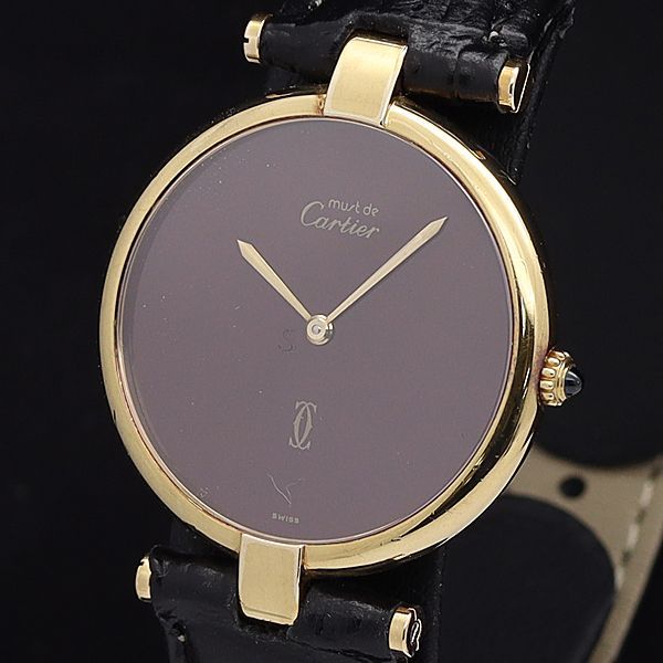 1円 稼働 良品 箱付 カルティエ QZ マストヴァンドーム SV925 ボルドー文字盤 ラウンド レディース/ボーイズ腕時計 0051700KYM