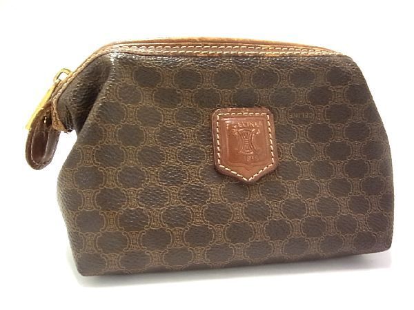 1円 CELINE セリーヌ マカダム柄 PVC×レザー マルチケース 化粧ポーチ メイクポーチ 小物入れ レディース ブラウン系 AK0924aオ