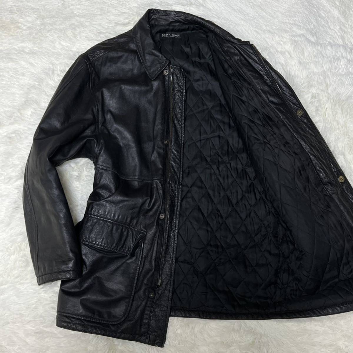 ジョルジオアルマーニ『渋い存在感』GIORGIO ARMANI レザージャケット L位 ブルゾン リアルレザー 本革 裏地キルティング ブラック 黒色