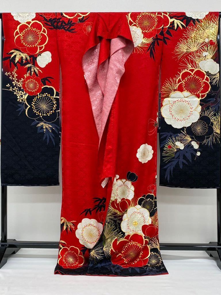 振袖 仮絵羽 正絹 京友禅 刺繍 金駒 金彩 未仕立て品 八掛付き MOK693 京友禅 振袖 未仕立て品 仮絵羽 金駒 金彩加工 グリッター 紋意匠 笹