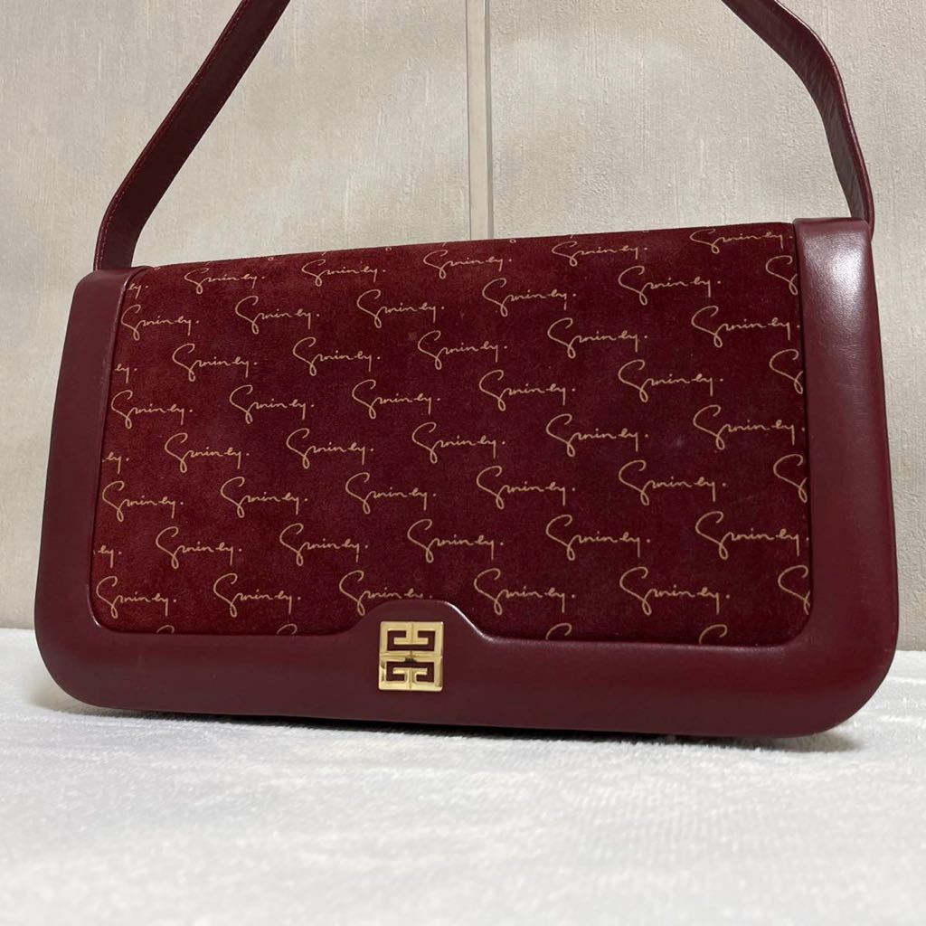 1円 ◎ GIVENCHY ジバンシィ ワンショルダーバッグ ハンドバッグ ボルドー 4G ゴールド金具 レザー スエード ヴィンテージ品 総柄 スペイン