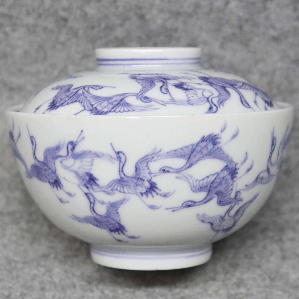 江戸時代 古伊万里 染付 千羽鶴模様 中蓋茶碗1客(箱なし) 上手