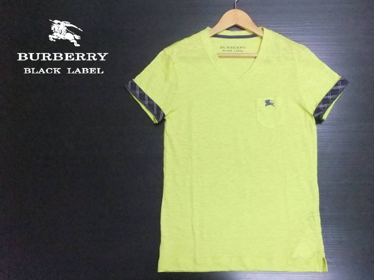 ■BURBERRY BLACK LABEL■新品 半袖カットソー 黄色 サイズ2 Vネック 袖裏チェック柄 リネン 麻 Tシャツ バーバリーブラックレーベル