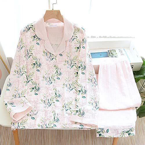 469レディースダブルガーゼパジャマルームウェアコトッン寝間着　部屋着　リーフ柄プレゼントM L XLピンク