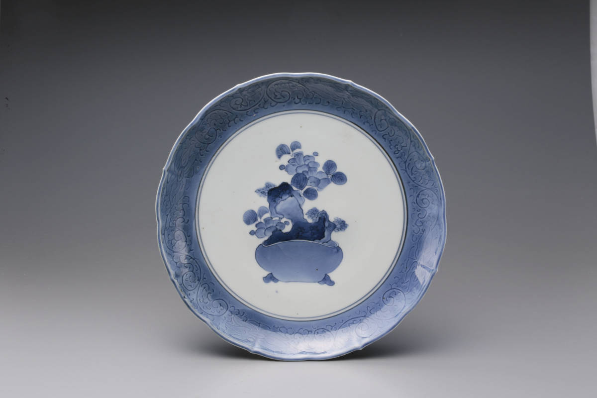 ★蕾サロン★古伊万里（藍九谷）盆栽図皿（1660〜1670年代）