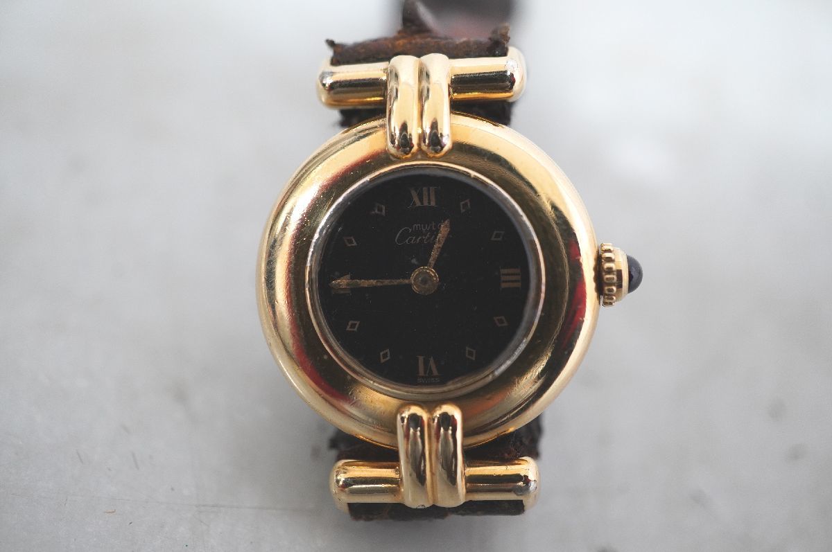 【4-166】 Cartier カルティエ VERMEIL ヴェルメイユ Quartz クオーツ ARGENT 925 黒文字盤 尾錠 純正 ベルト 社外 腕時計 マストコリゼ