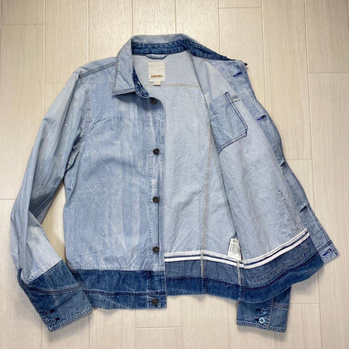 【ディーゼル/DIESEL】ツートンカラー★ デニムジャケット Gジャン ブルゾン ペイント加工 ストライプ柄 美品◎ メンズ S～M 青 ブルー