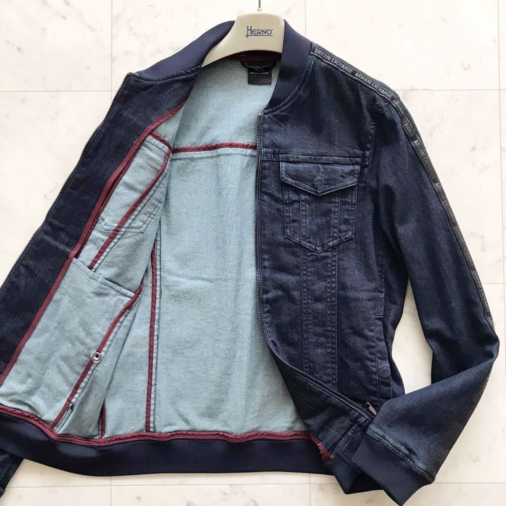 未使用級☆ アルマーニ エクスチェンジ 【漂う高級感】 ARMANI EXCHANGE シングル デニム ライダース ジャケット ブルゾン M ラインロゴ