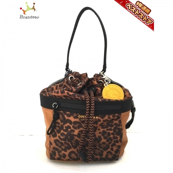 コールハーン COLE HAAN ハンドバッグ - ナイロン ブラウン×黒×カーキ 豹柄/巾着型 美品 バッグ