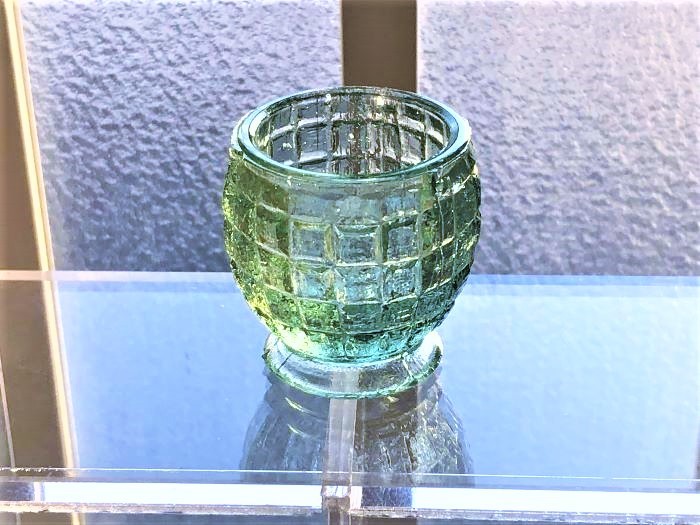 大正～昭和初期 ペロペロ ままごと 珍品 樽型グラス 格子模様 アクア色 