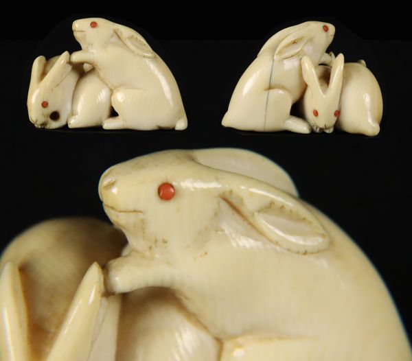 マンモス彫刻『赤目兎』ウサギ うさぎ 根付 置物 揚物 唐物 骨董[5490ww]