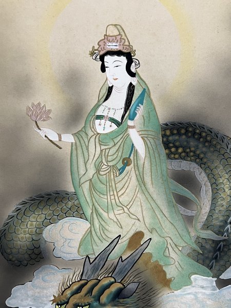 真作】村井紫雲 『龍上観音図』掛軸 絹本 真筆肉筆 菩薩 仏画 仏教美術